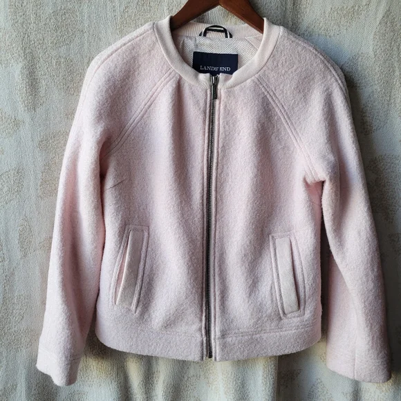 Lands' End Light Pink Wool-Blend Bomber Jacket Size 4 Full Zip Front Pockets - Picture 2 of 13